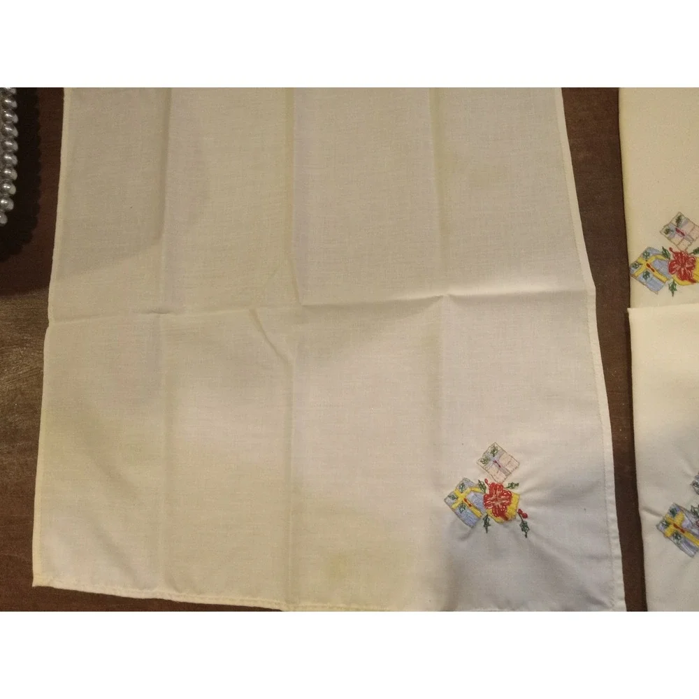 Vintage Christmas Cloth Napkins Set of 7Hand Embroidered Presents Cream Holiday